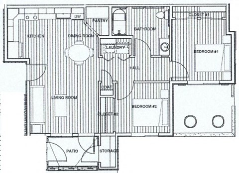 Floor plan for 2 beds, 1 bath, 898 sqft